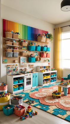 a child's playroom with lots of toys on the floor and colorful walls