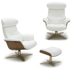 the reclining chair and ottoman are shown in three different positions, including one with a footstool