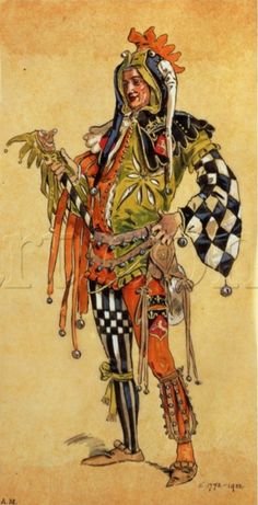 a drawing of a man in costume holding a checkerboard flag and an umbrella