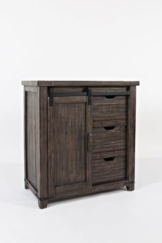 a wooden cabinet with three drawers on one side and two open doors on the other