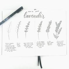 an open notebook with flowers and writing on the pages next to a black marker that says, how to draw lavender