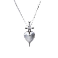 The Sword-Pierced Heart Pendant is a reimagining of a classic Alex Streeter carving in miniature form. The piece was originally inspired by medieval portraits of the Virgin Mary, who is often depicted with a sword through her heart. In our version, the Heart symbolizes eternal love while the sword attributes strength and fortitude to its wearer. 1.25" Long For different chain lenght options please contact info@AlexStreeter.com Sterling Silver Medieval Portraits, King Ring, Heart Piercing, Promise Necklace, Love Pendant, The Virgin Mary, Silver Heart Pendant, Stacked Jewelry, Silver Heart Necklace