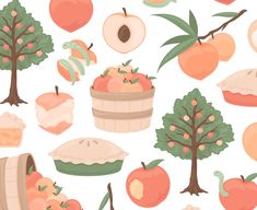 an apple tree, peaches and other fruit in baskets on a white background seamless pattern