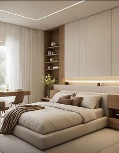 Contemporary Style Bedroom Interiors, Tiny Modern Apartment, Modern Spa Bedroom, Bedroom With White Floor, Fluted Panel Bedroom, Bedroom Offwhite, Bedroom High Ceiling Ideas, Small Minimal Bedroom, Neutral Color Room