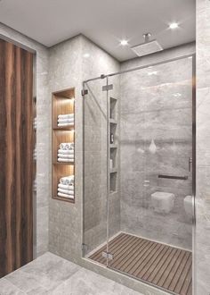 a bathroom with a walk in shower next to a white toilet and wooden shelves on the wall