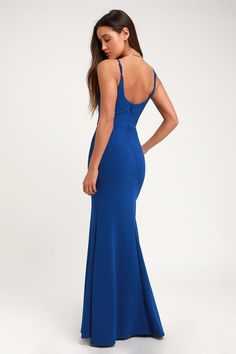 Sexy Royal Blue Maxi Dress - Mermaid Maxi Dress - Bodycon Maxi - Lulus Elegant Spaghetti Strap Dress In Elastane, Elegant Spaghetti Strap Elastane Dress, Evening Maxi Dress With Spaghetti Straps In Elastane, Evening Maxi Dress With Spaghetti Straps, Evening Maxi Dress With Spaghetti Straps And Elastane, Elastane Maxi Dress With Spaghetti Straps For Evening, Fitted V-neck Maxi Dress With Corset Back, Fitted Blue Gown With Lined Bodice, Elegant Blue Gown With Spaghetti Straps