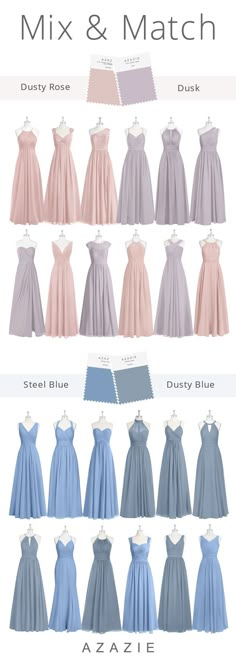 the different colors of dresses are shown in this image, and there is also an info sheet