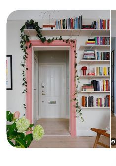 two photos side by side, one with bookshelves and the other with plants