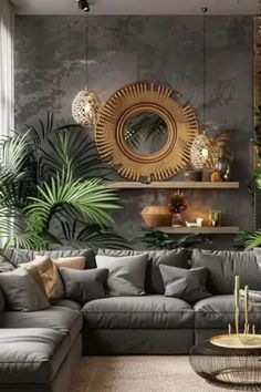 a living room filled with lots of furniture next to a plant wall mounted on the wall