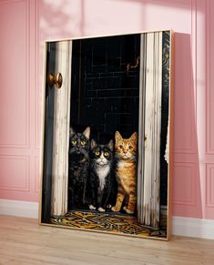 three cats sitting in an open door with pink walls