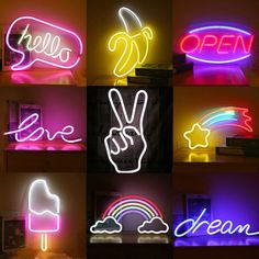 various neon signs that say hello, love, and peace