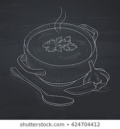 a chalkboard drawing of a bowl of soup with spoons and leaves on it