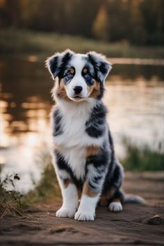 a black, white and brown dog sitting next to a body of water