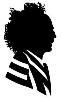 a black and white silhouette of a man's head with wavy hair, wearing a scarf