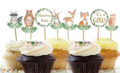 cupcakes with frosting and woodland animals on top