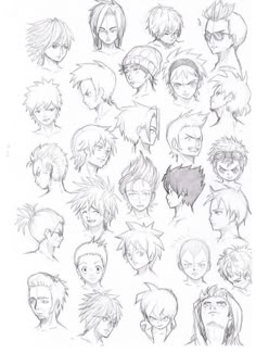 an image of many different anime faces and hair styles in pencil on white paper with black ink