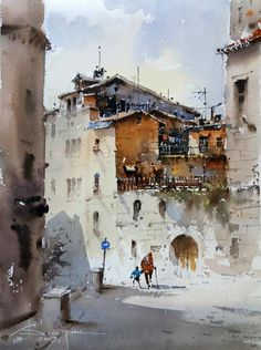 watercolor painting of two people walking in front of an old building