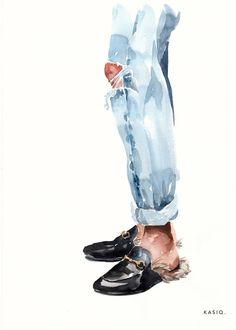 a watercolor painting of a man in blue jeans and black shoes with his hand on his hip