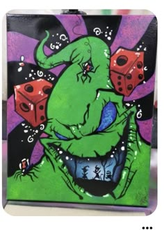 a painting of a green monster with dices on it's back and purple background