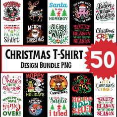 christmas t - shirt design bundle with 50 different designs and the words merry holidays on it