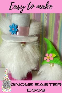 two gnomes with hats and flowers on their heads, one is wearing a top hat