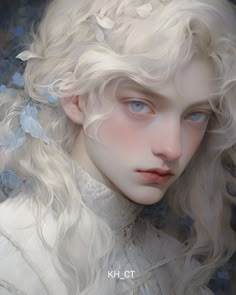 a painting of a woman with white hair and blue eyes