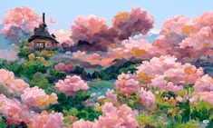 a painting of a house on a hill surrounded by pink flowers