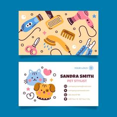 two business cards with cartoon animals and hairdryers on the same card, one is for