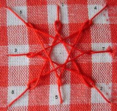 an image of a red and white checkered table cloth with yarn in the middle