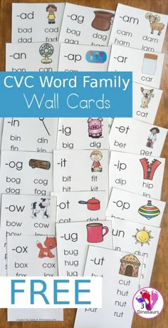 cvc word family wall cards with free printables for kids to practice their spelling skills