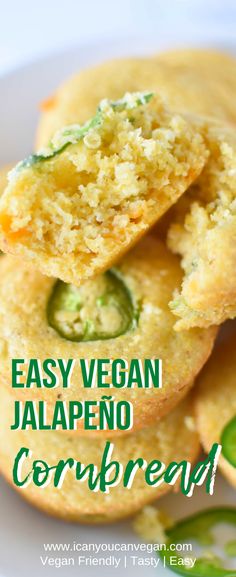 an easy vegan jalapeno cornbread is stacked on top of each other