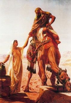 a painting of two men standing next to a camel in the desert with another man holding his hand