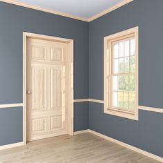 an empty room with blue walls and wooden floors, two windows on either side of the door