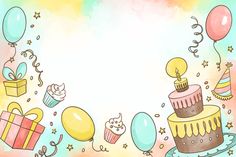 a birthday cake surrounded by balloons and confetti on a pastel colored background