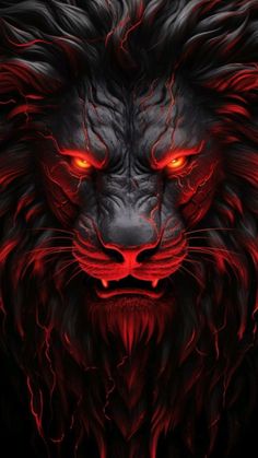 a black and red lion with glowing eyes