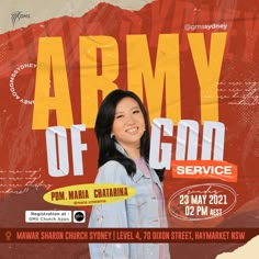 a woman standing in front of a red and yellow poster with the words army of god