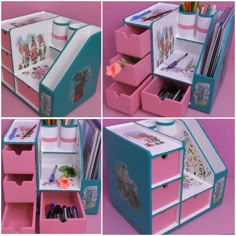 four different views of the inside of a pink and blue toy storage unit with drawers