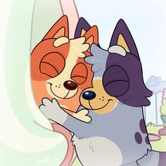 two cartoon dogs hugging each other with their eyes closed and one has his paw on the back of another dog's head