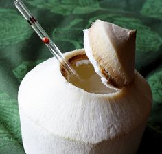 a close up of a coconut with a syringe in it's mouth