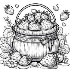 a basket full of strawberries with flowers and leaves around it, in black and white