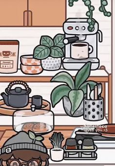 an illustration of a shelf filled with pots, plants and other things on top of it