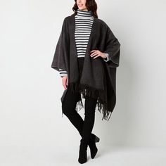 This women's monochrome wrap from a.n.a is as chic and cozy as it looks. It's knitted from a super-soft woven fabric with a fringed trim and it slips on easily. This oversized style will pair perfectly with your favorite cold-weather looks as a warm outer layer.Scarf Length: 62 InScarf Width: 55 InFiber Content: 100% PolyesterFabric Description: WovenCare: Hand WashCountry of Origin: Imported Chic Knit Poncho For Fall, Chic Winter Layering Wraps, Chic Winter Layering Wrap, Winter Layering Wraps, Chic Winter Wraps For Layering, Winter Wraps For Layering, Chic Fall Wrap Poncho, Shawl Outfit Fall, Shawl Outfit