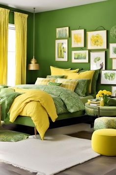 a bedroom with green walls and yellow bedding in the corner, along with pictures on the wall