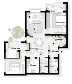 the floor plan for an apartment with three bedroom and two bathroom areas, including a living room