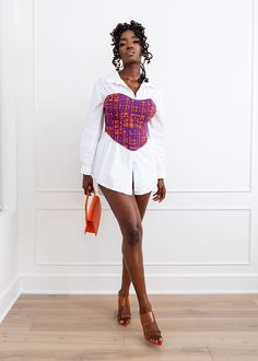 Corset Top Modest Outfit, Corset Over Graphic Tee, Madras Outfit Women, Tshirt And Corset Outfits, Ankara Corset Top With Sleeves, African Print Outfits For Women, Cute African Outfits, Corset Outfit Ideas Casual, African Tops For Women With Jeans