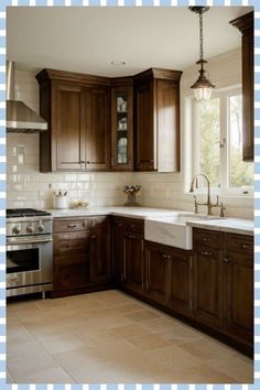 a large kitchen with wooden cabinets and white counter tops is pictured in this image, there are two windows above the sink