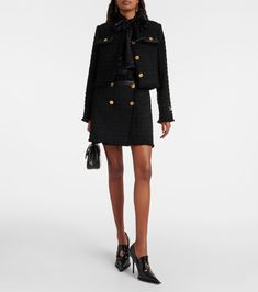 Medusa bouclé tweed miniskirt in black - Versace | Mytheresa Versace Tie, Spring Knits, Boucle Jacket, Versace Outfit, Black Trim, Tweed Jacket, Designing Women, Clothing And Shoes, Versace