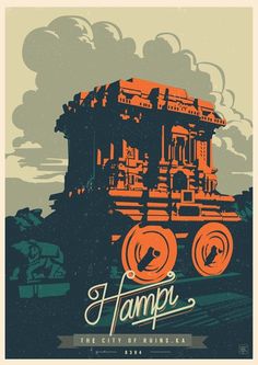 an orange and black poster with the words hampi on it's front side