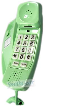 an old fashioned green phone is on a white background with the number one in it's display