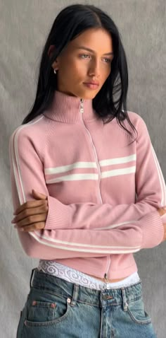 Pink Zip Through Jacket | Talisa – motelrocks-com-us Aesthetic Fairycore, Sporty Jacket, Zip Up Cardigan, 2000s Vintage, Vintage Grunge, Mode Inspo, Women Sleeve, Knit Hoodie, Grunge Style